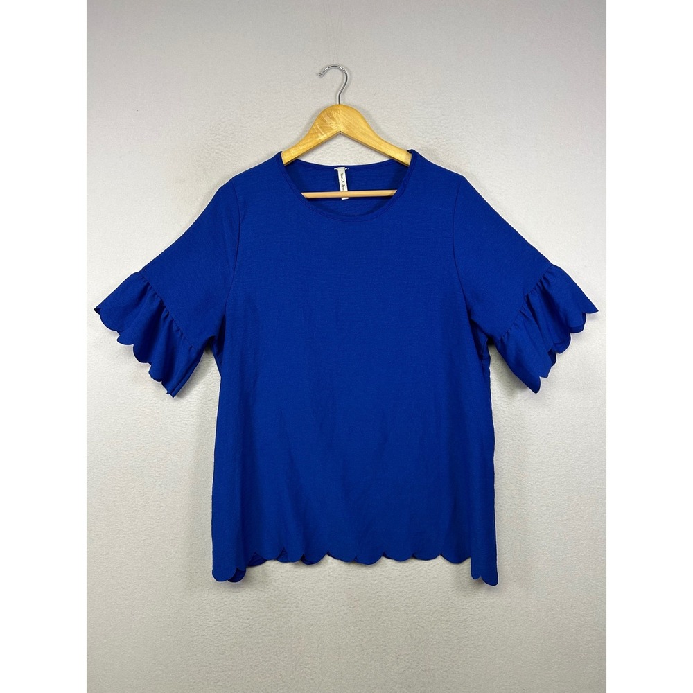 Preppy Feminine Now N Forever Womens XL Royal‎ Blue Scalloped Ruffle Sleeve Top